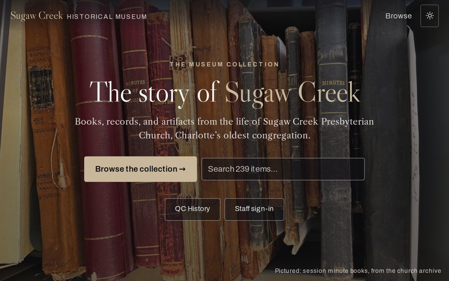 Sugaw Creek Museum — the collection online, over a photograph of the church’s session minute books